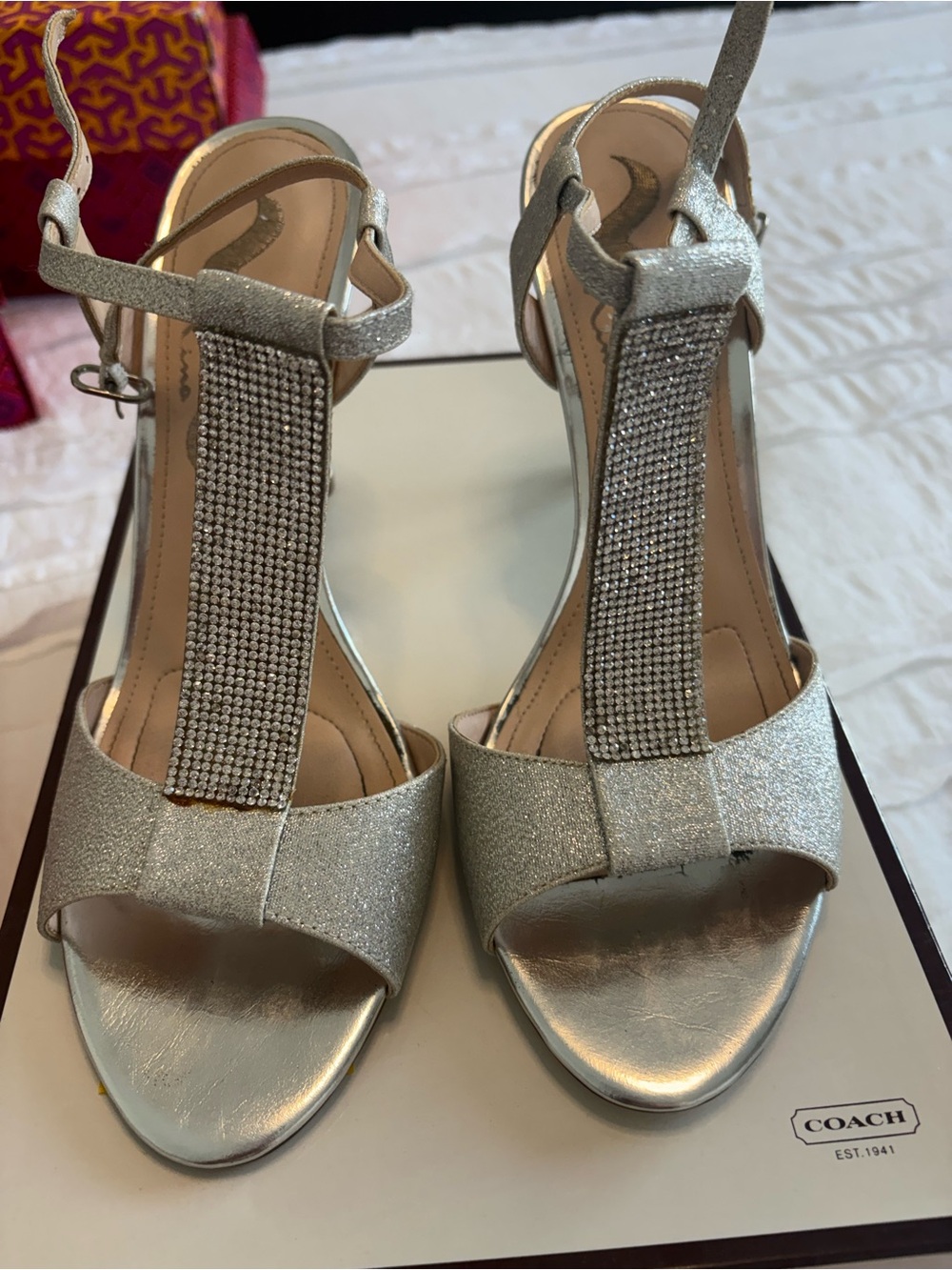 Coach Sparkling Silver T-Strap Heels